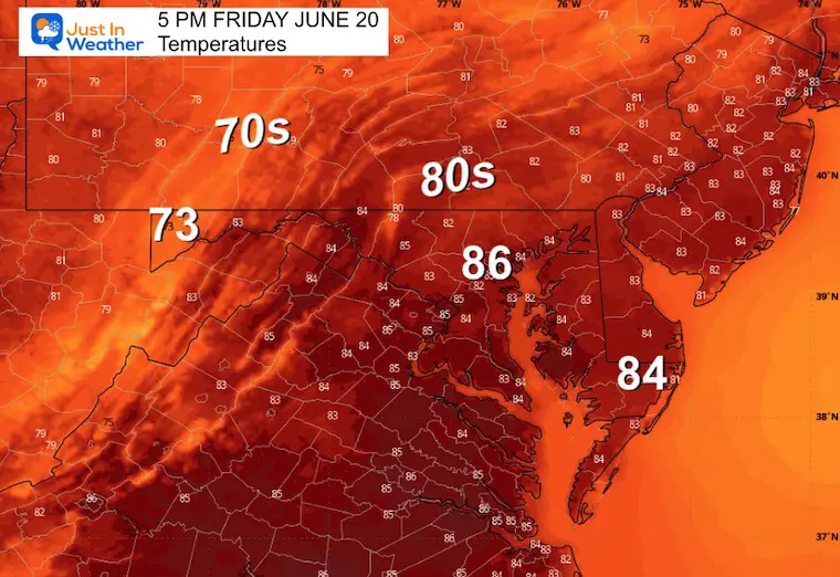June 20 weather forecast temperatures Friday afternoon