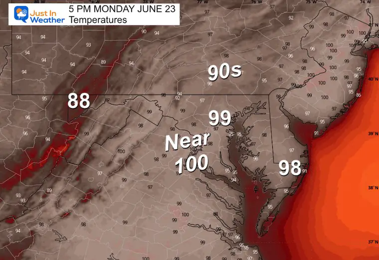 June 20 weather forecast temperatures Monday afternoon