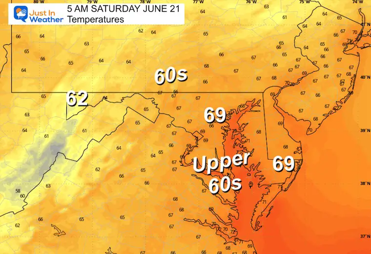 June 20 weather forecast temperatures Saturday morning