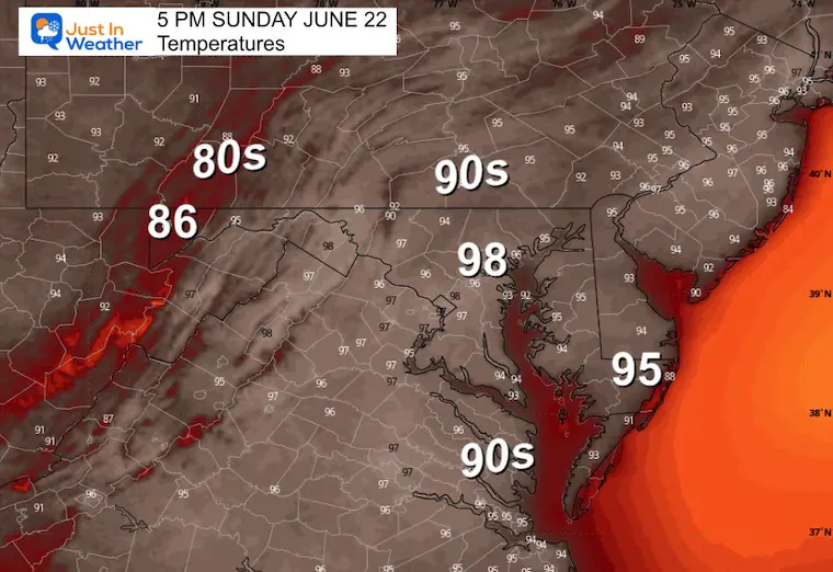 June 20 weather forecast temperatures Sunday afternoon