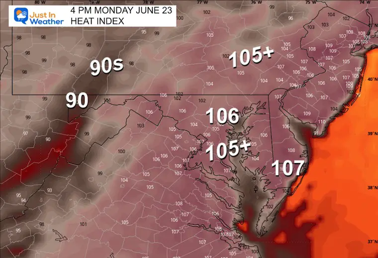 June 21 weather heat index Tuesday 