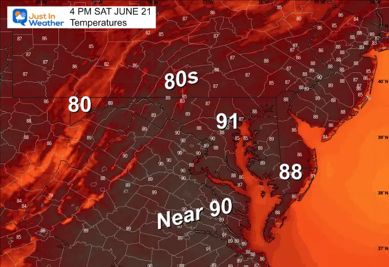June 21 weather forecast temperatures Saturday afternoon