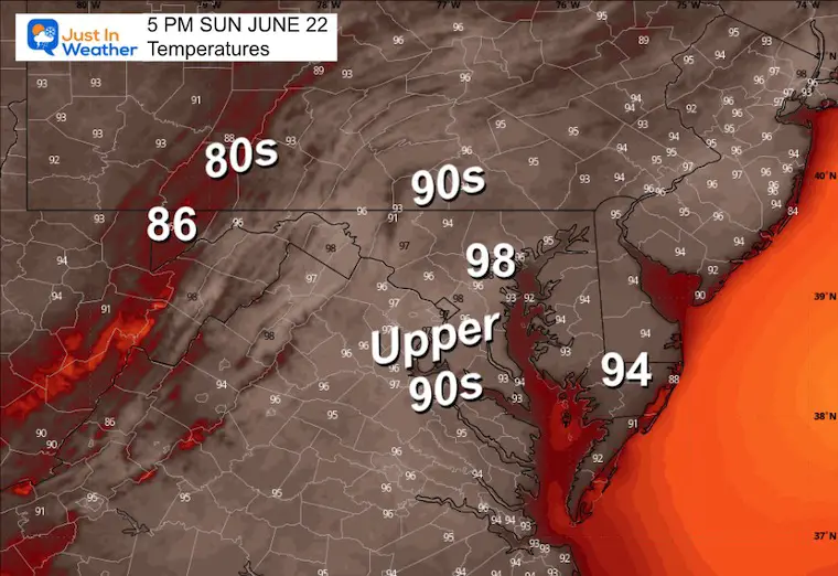 June 21 weather forecast temperatures Sunday afternoon