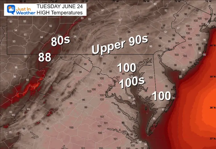 June 21 weather temperatures Tuesday afternoon