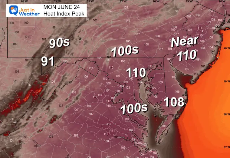 June 22 weather heat index Monday afternoon