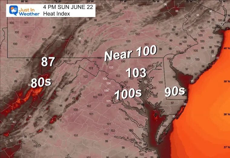 June 22 weather heat index Sunday