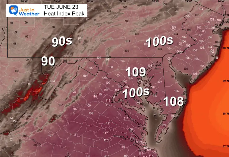 June 22 weather heat index Tuesday afternoon