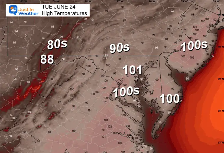 June 22 weather temperatures Tuesday afternoon