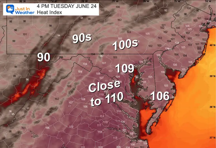 June 23 weather heat index Tuesday afternoon
