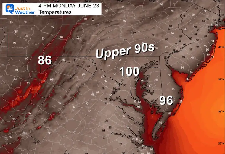 June 23 weather forecast temperature Monday afternoon