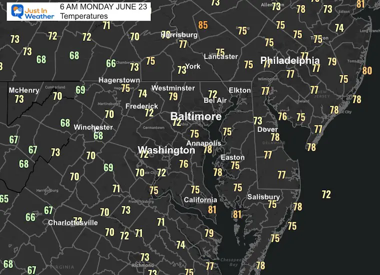 June 23 weather temperatures Monday morning