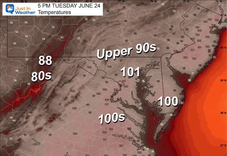 June 23 weather forecast heat index Tuesday afternoon