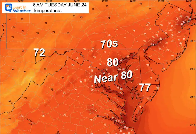 June 23 weather forecast temperatures Tuesday morning