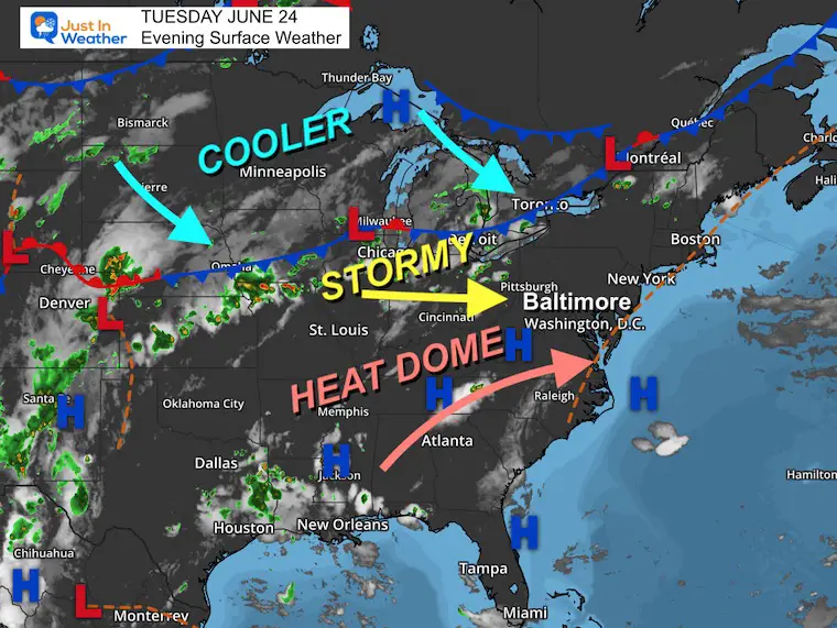 June 24 weather heat dome storm Tuesday evening