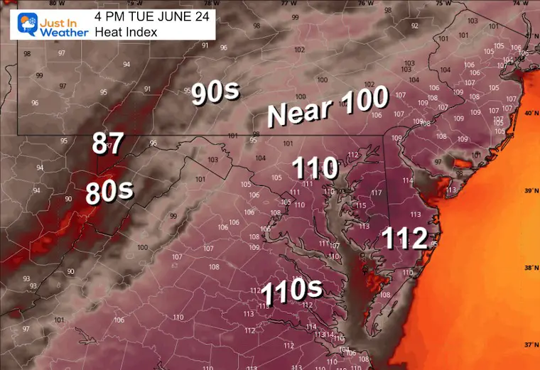 June 24 weather heat index Tuesday afternoon