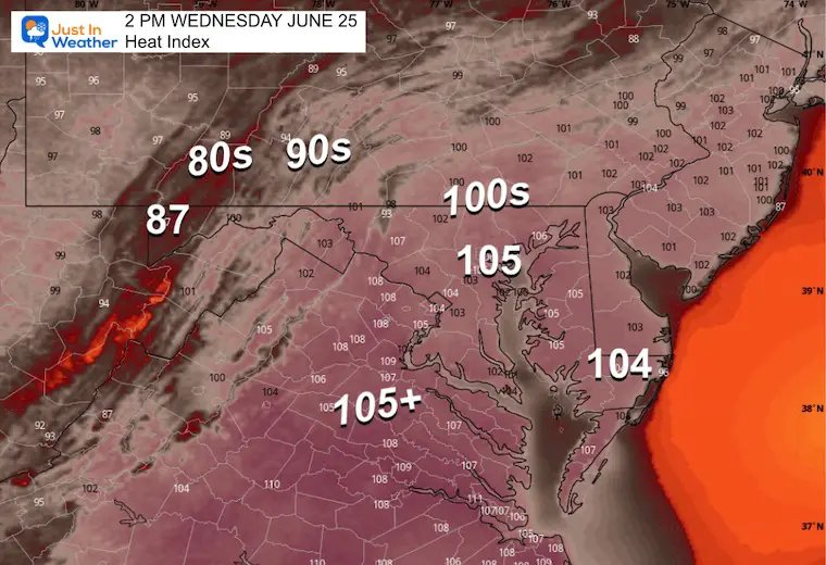 June 25 weather heat index Wednesday afternoon