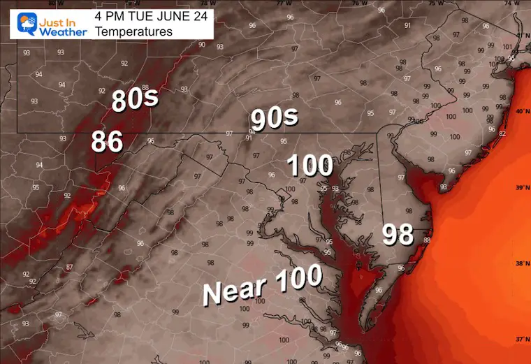 June 24 weather temperatures Tuesday afternoon