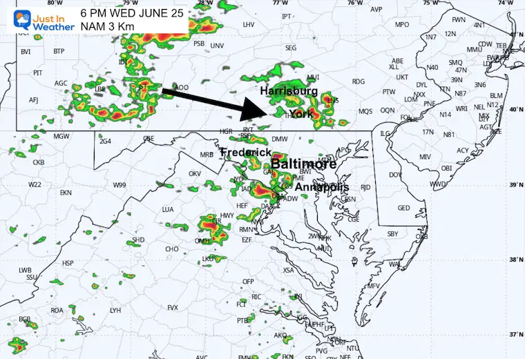 June 25 weather storm radar forecast Wednesday 6 PM