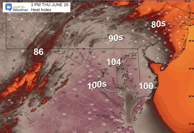 June 26 weather forecast heat index Thursday afternoon