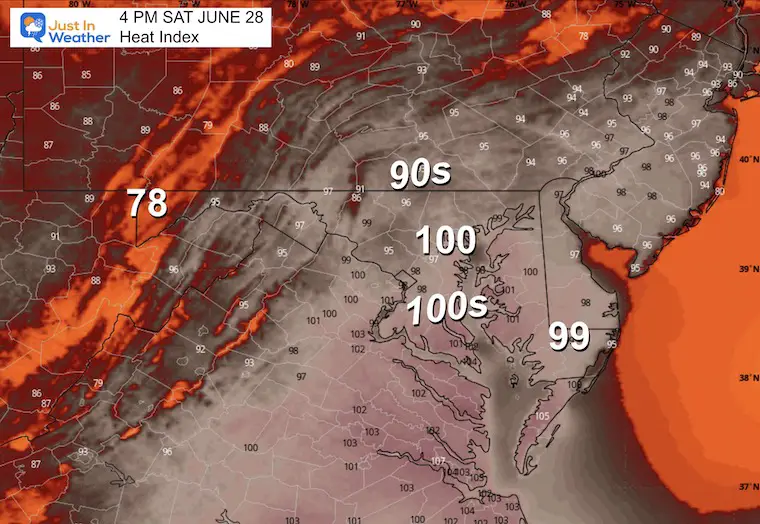 June 27 weather heat index Saturday afternoon