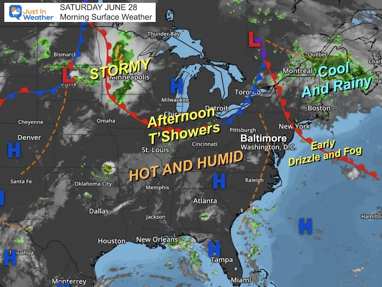 June 28 weather storm heat map Saturday morning 