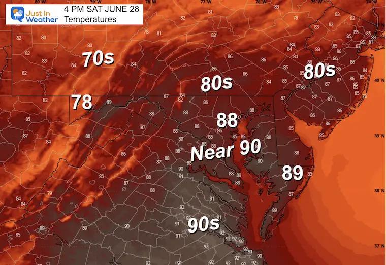 June 28 weather forecast temperatures Monday afternoon