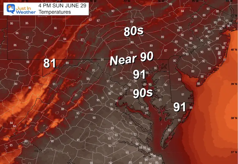 June 28 weather forecast temperatures Sunday afternoon
