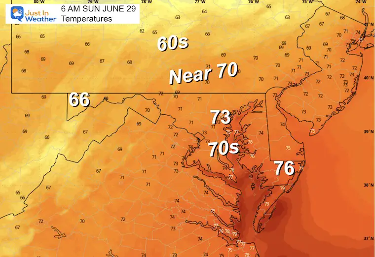 June 28 weather forecast temperatures Sunday morning