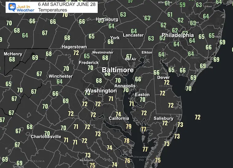 June 28 weather temperatures Saturday morning