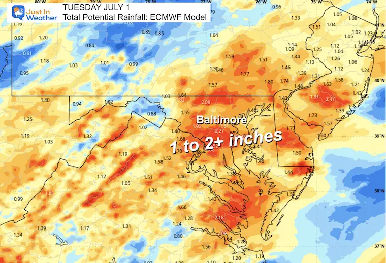 June 29 weather rainfall potential Tuesday