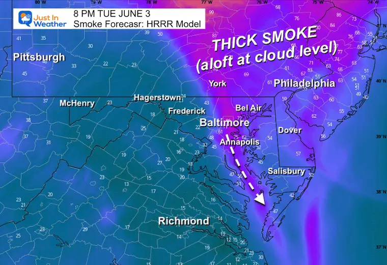 June 3 wildfire smoke forecast Tuesday evening sunset