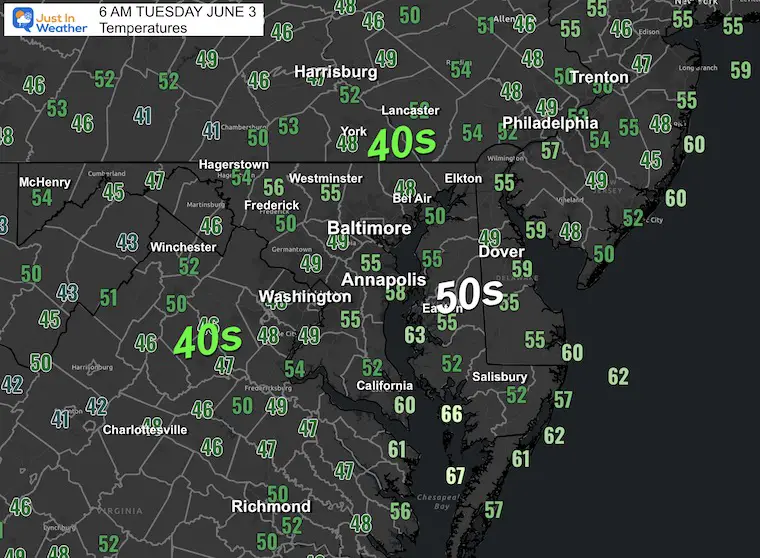 June 3 weather temperatures Tuesday morning