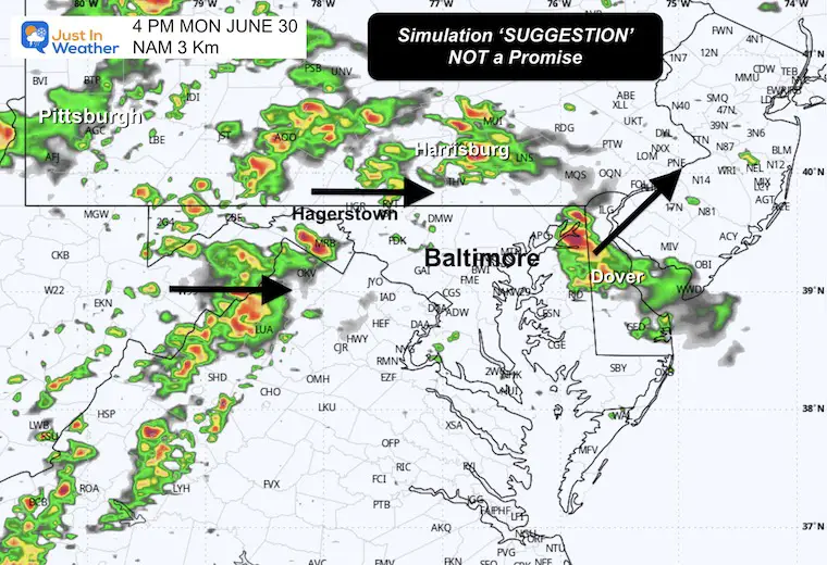 June 30 weather forecast storm radar Monday 4 PM