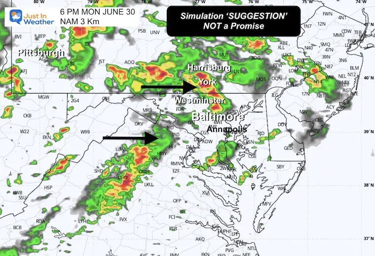June 30 weather forecast storm radar Monday 6 PM