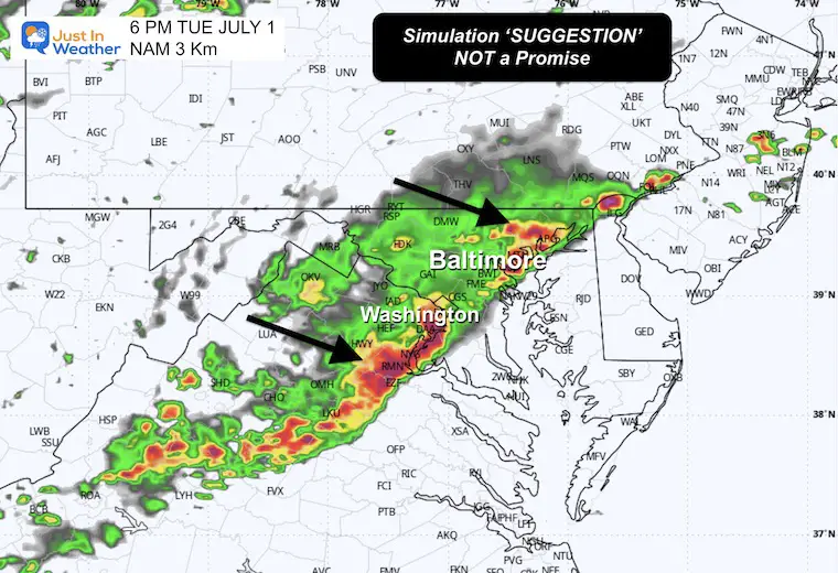 June 30 weather forecast storm radar Tuesday 6 PM