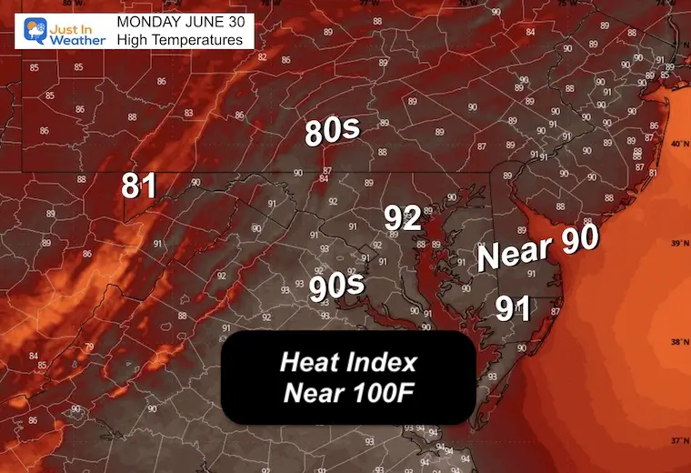 June 30 weather forecast temperatures Monday afternoon