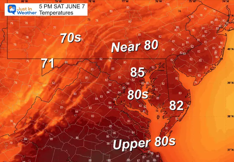 June 6 weather temperatures Saturday afternoon