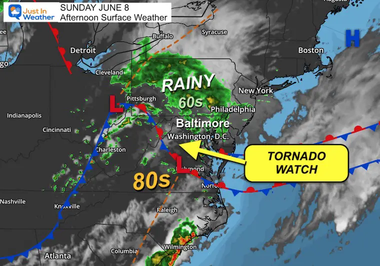 June 8 weather storm map tornado watch Sunday afternoon