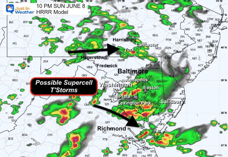 June 8 weather radar simulation Sunday 10 PM