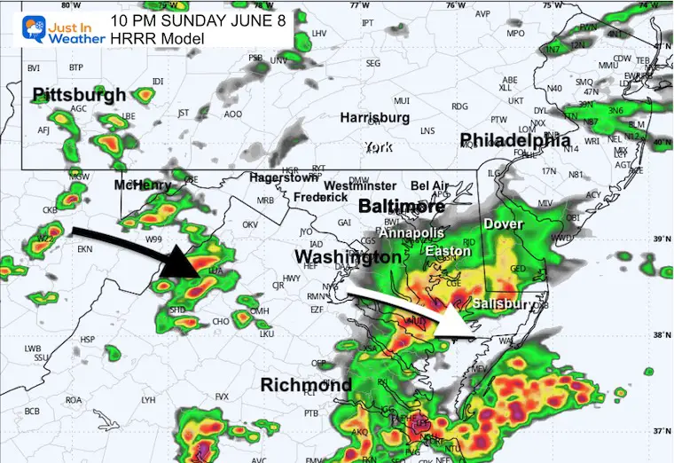 June 8 weather forecast radar rain storm Sunday 10 PM