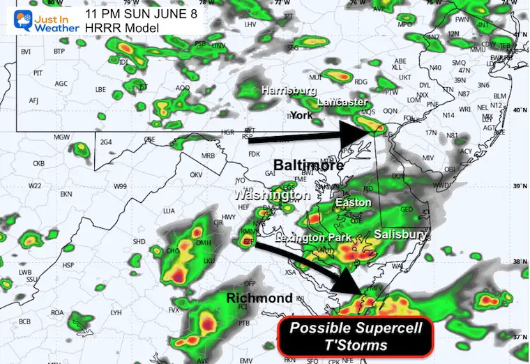 June 8 weather radar simulation Sunday 11 PM