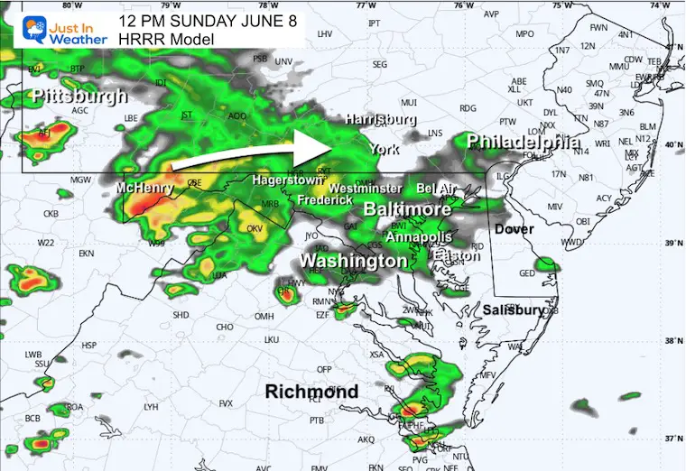 June 8 weather forecast radar rain storm Sunday Noon