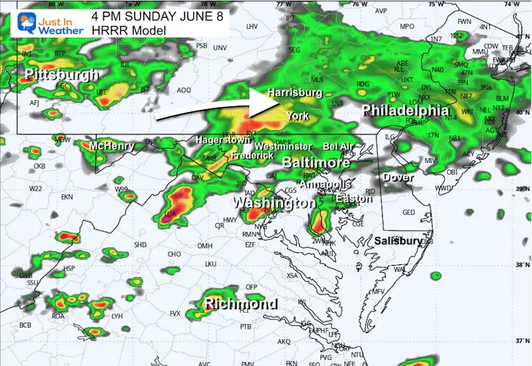 June 8 weather forecast radar rain storm Sunday 4 PM