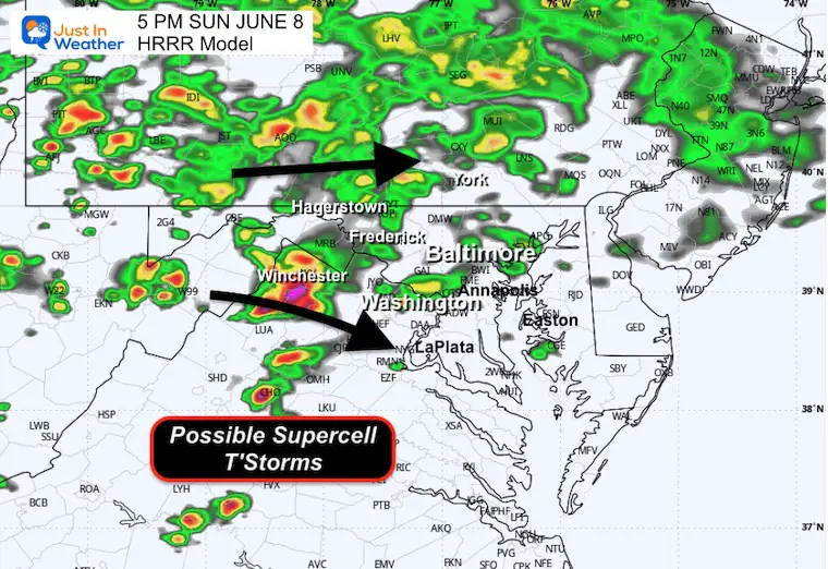 June 8 weather radar simulation Sunday 5 PM