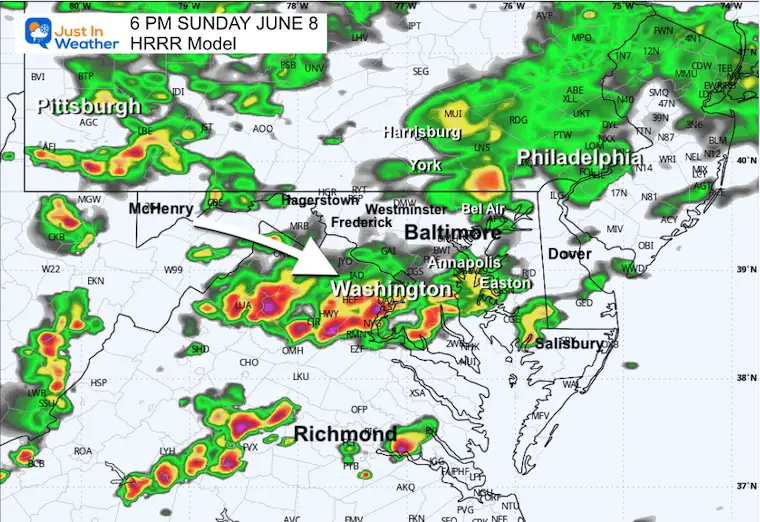 June 8 weather forecast radar rain storm Sunday 6 PM