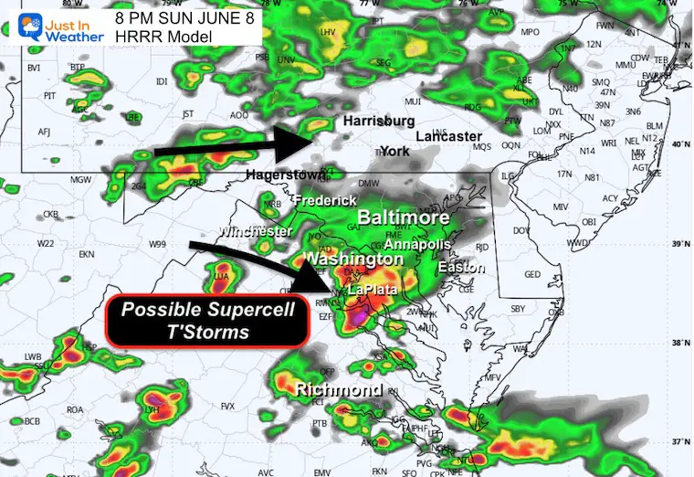 June 8 weather radar simulation Sunday 8 PM