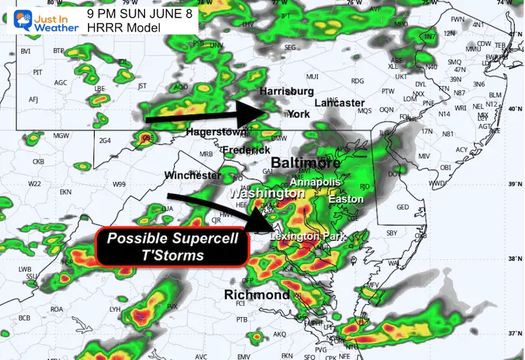 June 8 weather radar simulation Sunday 9 PM