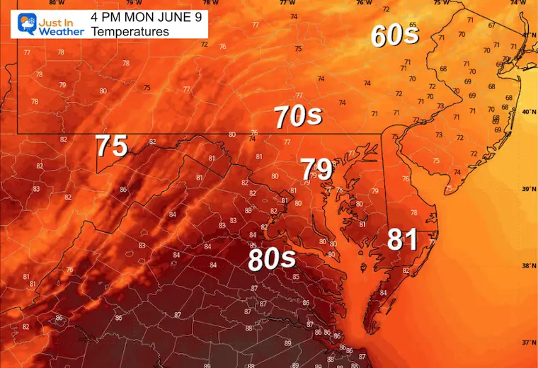 June 8 weather temperatures Monday afternoon