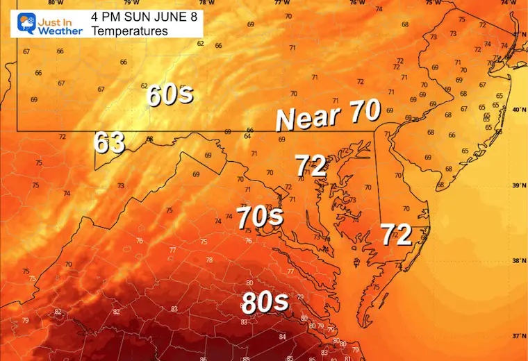 June 8 weather temperatures Sunday afternoon