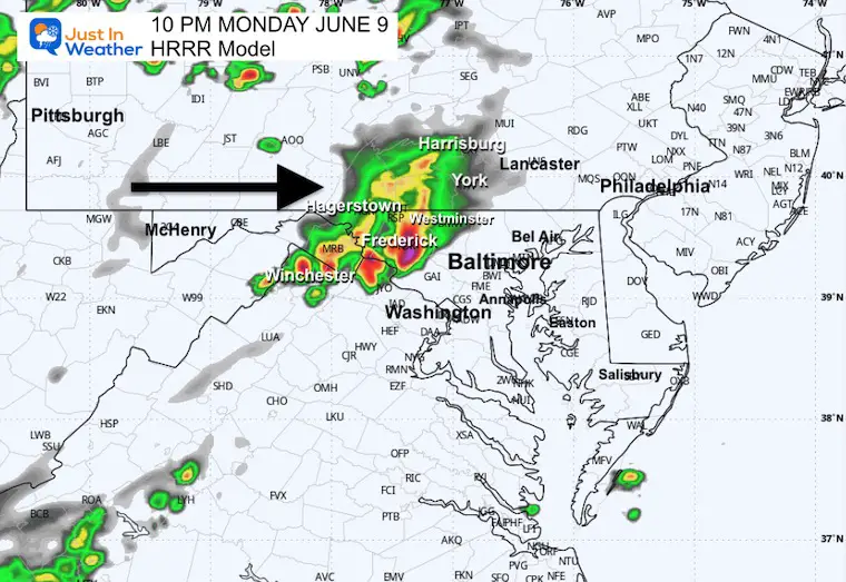 June 9 weather storm radar forecast Monday 10 PM